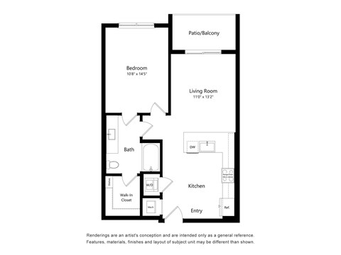 Floor plan for 1 bed, 1 bath, 703 sqft